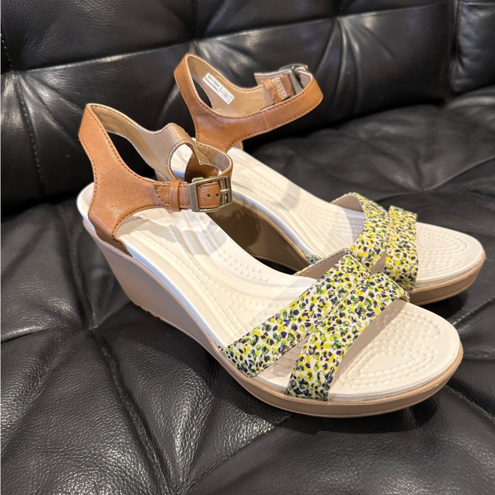 Women’s Crocs Tan Wedge Sandals with Yellow Floral Straps